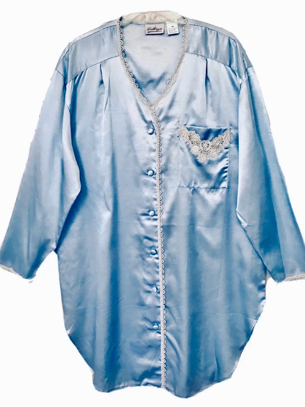 Kathryn Vintage 90’s Womens M Blue Satin Lace Appliquéd Long Sleeve Sleep Shirt